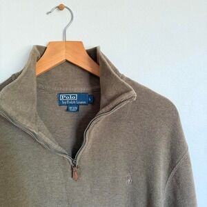 Polo Ralph Lauren preppy quarter zip cotton sweater in a light brown color